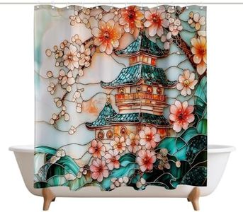 XMWYTJ Stained Glass Japanese Pagoda Shower Curtains Cherry Blossom Tree Barn Door Decor Polyester Fabric Waterproof Bathroom Curtains Set with 12 Hooks,71 X 71 Inches