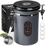 1800ML Airtight Coffee Canister with Date Tracker Transparent Window, 22.8OZ Coffe Beans Storage with 30 ML Measure Spoon&4 co2 Valve, Kitchen Food Storage Container for Grounds Coffee,Beans&Tea(Grey)