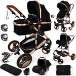 Baby Stroller 3 in 1 Pram Pushchair Buggy Child Lightweight Folding Stroller 3 in 1 Travel System Pram for Newborns Toddlers from Birth Aluminium (Black - Rose Gold Frame)