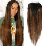 Beauty Forever #FB30 Highlight Closure Brazilian Straight Lace Closure Human Hair 4X4 Free Part Brown Lace, 14 Inch Unprocessed Virgin Remy Human Hair Lace Closure Pre-plucked With Baby Hair