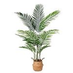 Ferrgoal Artificial Areca Palm Plants 4.6Ft Fake Dypsis Lutescens Tree with 15 Trunks in Pot and Woven Seagrass Belly Basket Tropical Faux Plant for Home Indoor Outdoor Office Modern Decor Green