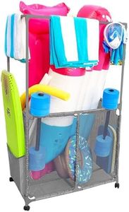 Pool Bins Pool Equipment Holder with Towel Drying Bars, Mesh Rolling Multi Use Storage Organizer Bin, Large Towel Hanger (25" L x 34.5" W x 62.6" H), Gray