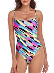 RELLECIGA Women's Neon Striped High Cut Bandeau One Piece Swimsuits with Adjustable Shoulder Straps Size Medium