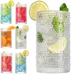 Claplante Drinking Glasses, 6 pcs Embossed Designed Highball Glasses, 15oz Glass Cups, Tall Water Glass Tumbler, Mojito Cups, Cocktail Glass, Vintage Glassware Set for Water, Juice, Cocktail, Whiskey