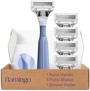 Flamingo Pubic Hair Razor for Women Starter Set, 1 Razor Handle, 4 Pubic Razor Five-Blade Refills, and 1 Shower Holder