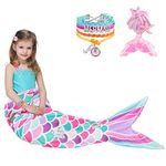 WERNNSAI Mermaid Tail Blanket - Wearable Mermaid Soft Blanket with Glitter Stars Sequin Hairpin Bracelet for Girls Teens Pink Soft Flannel Snuggle Blanket 140 x 60cm Gift for Birthday Christmas