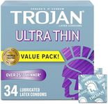 Trojan Ultra Thin Condoms, Lubricated Latex Condoms, 25% Thinner for Natural Skin-to-Skin Feel, Enhanced Sensitivity, Closeness and Trusted Protection, 34 Count (Pack of 1)