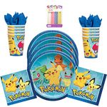 Pokémon Party Supplies Pack Serves 16: Dinner Plates Napkins and Cups with Birthday Candles (Bundle for16)