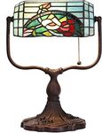 Bieye L30760 Rose Flower Tiffany Style Stained Glass Bankers Desk Lamp Table Lamp for Working Office Living Room Bedside Home Decoration, 9" W x 15" H, Red Green