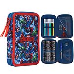 Marvel Pencil Case with Stationery Included School Supplies Filled Large Pencil Case Multiple Compartments Colouring Pencils Pens Boys Stationery Set Gifts for Boys (Avengers Blue/Red)