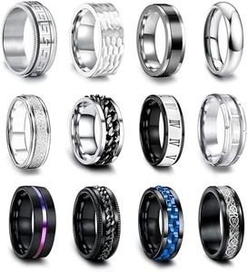 EIELO 12Pcs Stainless Steel Band Rings for Men Women Cool Fidget Spinning Chain Ring Anxiety Relief Fashion Simple Wedding Engagement Black Ring Set