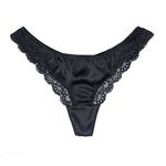 Womens Silk Lace G-String Thong Panty, Sexy T-Back Underpants with Soft Satin (Black, Small)