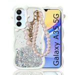 KC Back Cover for Samsung Galaxy A35 5G - Shiny Pearl Wrist Hanging Chain Dry Fixed Glitter Bear Wave Shape Shockproof Soft Silicone Case with Camera Protection (White)