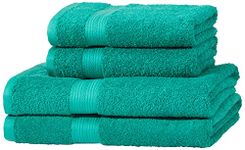 Amazon Basics 4 Piece Fade resistant bath towel set for bathroom, 100% Cotton soft and absorbent, 2 Bath + 2 Hand Towels, Teal