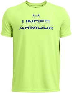 Under Armour Boys Tech Split Wordmark Short Sleeve T Shirt, (304) Morph Green / / Tech Blue, Medium