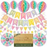 Premium Reusable Birthday Party Decorations - Pastel Birthday Decoration Set - Happy Birthday Banner, Birthday Bunting, Honeycomb Decorations, Pom Poms, Paper Streamers - Pastel Party Decorations