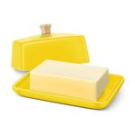 Flexzion Ceramic Yellow European Butter Dish with Lid for Countertop (Extra Large) - Wide 2 Stick Double Butter Holder for Counter, Cream Cheese Container Storage Keeper