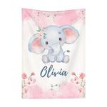 Personalized Baby Blanket with Name for Kids Custom Throw Customized Name Receiving Swaddle Blanket for Girls Boys Infant Newborn Toddler Gifts (03-Pink Flower Elephant)