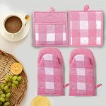 Lushomes 4 Pack Buffalo Check Quilted Heat Resistant Cotton Oven Mitt & Pot Holder Set, Pink/White, for Baking, Grilling, BBQ, Cooking, Handling Pots, 2 Pcs Glove 6x13 Inch, 2 Pcs Pot Holder 9x8 Inch