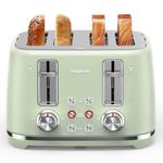 4 Slice Toaster, Extra Wide Slots, Longdeem Retro Stainless Steel Toasters, 6 Browning Options, Auto Shut Off & Frozen Function, Toast Fruit Bread, Bagel & Waffle, Green