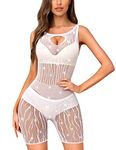 RSLOVE Women Lingerie Sexy Fishnet Bodysuit Sparkle Rhinestone Teddy One Piece Cut Out Romper without Liner White