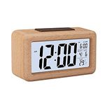 GINZER Wooden Digital Alarm Clock, Large LED Display Wood Grain Alarm Clock, Smart Sensor Night Light, Snooze and Temperature, Battery Operated