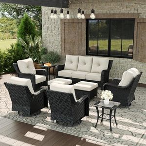 Aeeiua 9 Piece Patio Furniture Set, All-Weather Wicker Outdoor Conversation Set with Swivel Rocking Chair and 6 Inch Thick Cushions