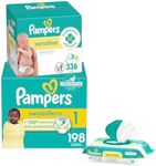 Pampers Swaddlers Disposable Baby Diapers Size 1, One Month Supply (198 Count) with Sensitive Water Based Baby Wipes 6X Pop-Top Packs (336 Count)