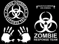 Zombie Decal 4 Pack: Zombie Outbreak Response Team, Objects in Mirror are Zombies, Bloody Hands, Zombie Response Team Decals (Large ~5", White)