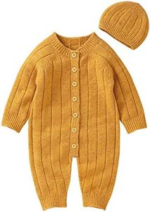 Newborn Baby Girl Boy Cable Knit Sweater Romper Infant Long Sleeve Onesie Jumpsuit with Hat Soft (S1-Yellow, 3-6 Months)