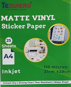 TeQuiero Matte Vinyl Sticker Paper Self Adhesive Photo Paper for Inkjet, Waterproof, Instant Dry, Tear Resistant A4 Size Sheets for printing Matt Vinyl Stickers For Art - 25 Sheets