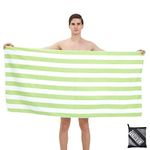 Large Thin Microfibre Beach Towel with Bag for Adult Men Women,160x90cm Green Stripe Beach Towels Quick Dry Sand Free Lightweight Swim Bath Towel for Travel,Swimming,Pool,Holiday,Camping,Gym Sports