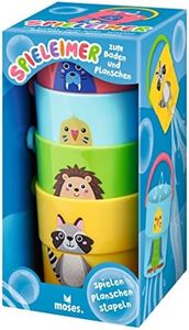moses. 38151 - Juego de Cubos apilables para bañarse y chapotear, 4 Cubos de Colores con asa y patrón de Agujeros, Mini Cubos para Jugar en el Agua y la Arena