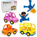 PicassoTiles Magnetic 5 Piece Vehicle and Action Figure Set Including School Bus, Car, Truck, and 2 Drivers Magnet Expansion Pack Toddler Toy Kit Pretend Playset for Construction Building Block Tiles