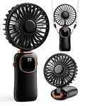 Portable Handheld Fan, 4000mAh Battery Operated Fan with LED Display, Handheld/Neck/Desk 3 in 1 Personal Small Fan, 90° Foldable Desk Fan with Base, 5 Speed Lash Fan Makeup Fan Black