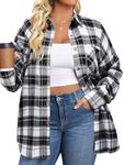 IN'VOLAND Womens Plus Size Plaid Shirts Cotton Classic Long Sleeve Button Down Collared Casual Tops Lightweight Autumn Blouses White/Black