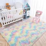 Quenlife Cute Fluffy Rainbow Area Rugs for Girls Room, Soft Shaggy Colorful Rugs Plush Floor Carpets Princess Rug for Girl Bedroom Kids Room Nursery Home Room Decor, 4 x 6 Feet