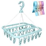 twirush Sock Dryer, 32 Peg Sock Hanger for Washing Line, Foldable Indoor Sock Dryer with 4 Large Beach Towel Clips Quilt Clips for Underwear Clothes Shoe Insoles Underwear Baby Clothes & Hats (Blue)