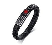 PJ JEWELLERY Custom Engraving Braided Genuine Leather Medical ID Wristband Mens Medical Alert Leather Bracelet with Stainless Steel Magnetic Clasp