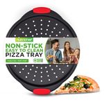 NutriChef Pizza Pan, Nonstick Pizza Tray, Carbon Steel Pizza Baking Tray, Pizza Pan for Oven, Perforated Pan, Black with Red Silicone Handles