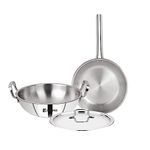 Bergner Tripro Triply Stainless Steel 3 Pc Cookware Set, 24 cm Indian Wok/Kadai with Lid, 22 cm Frypan Without Lid, Fast and Event Heating, Induction Bottom, Gas Ready, Silver