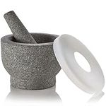 Granite Mortar and Pestle Pill Crusher Set - Easy Grip Non-Slip Stone Muddler & Deep Bowl with Silicone Lid - Grinder for Pills, Tablets, Vitamins or as Molcajete Herb for Salsa Guacamole and More