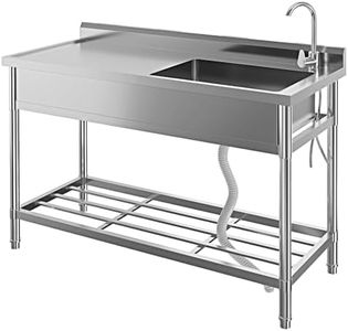 GarveeTech Free Standing Utility Sink, 47" Single Bowl Stainless Steel Commercial Sink with Cold and Hot Water Pipe & Workbench, for Kitchen, Laundry
