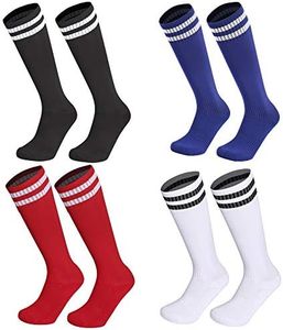 Disile Soccer Socks For Kids & Youths (4-15 Years Old), Knee High School Team Sports Socks, Striped Tube Athletic Socks For Boys & Girls (Black/White/Blue/Red, Shoe size 1-5 and Ages 8-11)