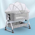 CAREIT Premium 6-in-1 Baby Bedside Cot, Crib, Cradle Portable All-Mesh Bassinet with Multi-Purpose Tray,Wheels, Storage Basket, and 6 Height Adjustments, Easy Assembly for Newborns- Pattern Grey