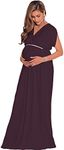 KOH KOH Womens Long Short Sleeve V-Neck Maternity Summer Flowy Gown Maxi Dress, Maroon Wine Red, Large