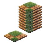 Sharpex Artificial Grass Wooden Deck Tiles with Interlocking | 10 Piece Teak Wood Decking Water Resistant Tile for Balcony, Terrace, Garden | Quick Flooring Solution for Indoor/Outdoor (12 X 12 Inch)