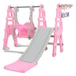 FUKEA Baby Swing Slide, 4-in-1 Toddler Slide and Swing Set with Basketball Hoop, Garden Climbing Frame, Outdoor Indoor Large Slide Swing for Toddlers Age 1-3, Kids Gift (Pink)