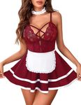 Beera Lace Sexy Maid Lingerie For Women Maid Outfit French Maid Costume Babydoll Lingerie Dress Cosplay Lingerie (Small, Maroon)