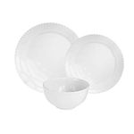 American Ateiler Hamilton Beaded Casual Round Dinnerware Set – 12-Piece Stoneware Dinner Party Collection for Entertaining w/ 4 Dinner Plates, 4 Salad Plates, & 4 Bowls, White